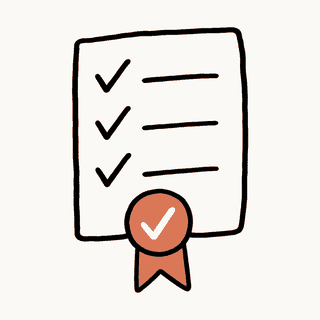 Hand-drawn review checklist with a coral approval ribbon